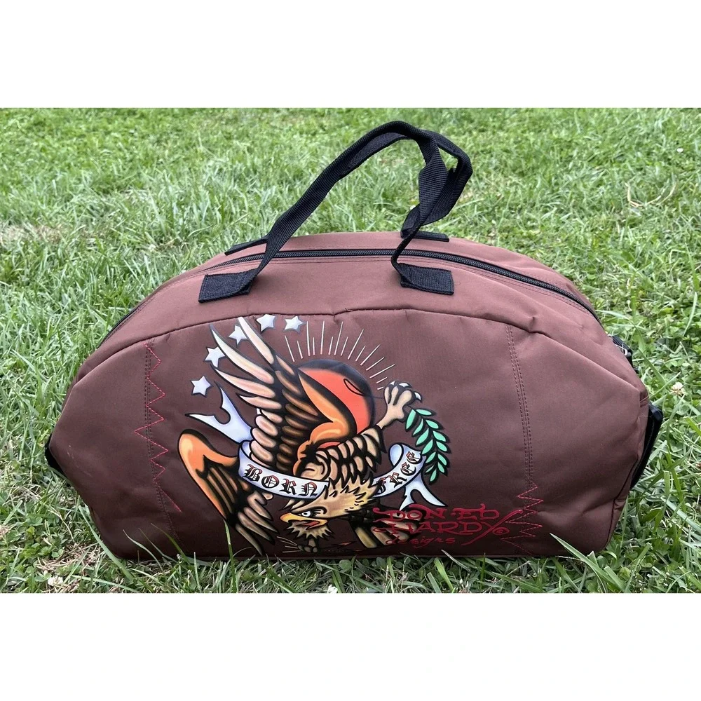 Ed Hardy Born Free Eagle Duffel Gym Bag Brown Tattoo‎ Art Weekender Travel Strap